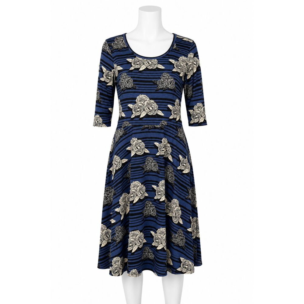 LuLaRoe Nicole Dress Women's 3XL Blue Black Floral Stripe Fit Flare NWT Midi